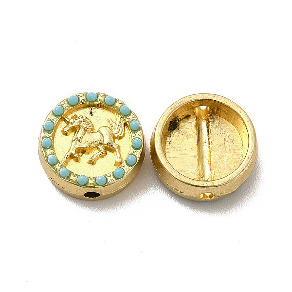 

PandaHall Alloy Beads, with Synthetic Turquoise, Flat Round with Horse, Golden, 12x5mm, Hole: 1.6mm Alloy Flat Round