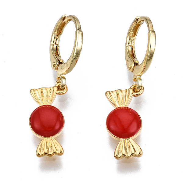 

PandaHall Brass Enamel Huggie Hoop Earrings, Nickel Free, Real 16K Gold Plated, Candy, Red, 30x8mm, Pin: 1mm Brass Candy Red