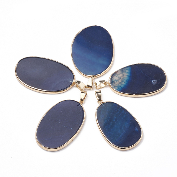 

PandaHall Natural Agate Pendants, with Golden Tone Iron Findings, Dyed, Oval, 41~44x24~29x3~3.5mm, Hole: 7x4mm Natural Agate Oval
