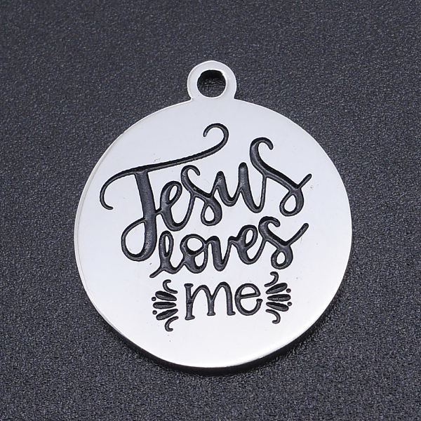 

PandaHall 201 Stainless Steel Etched Pendants, Quote Charms, Flat Round with Jesus Loves Me, Stainless Steel Color, 22x19x1.5mm, Hole: 1.8mm...
