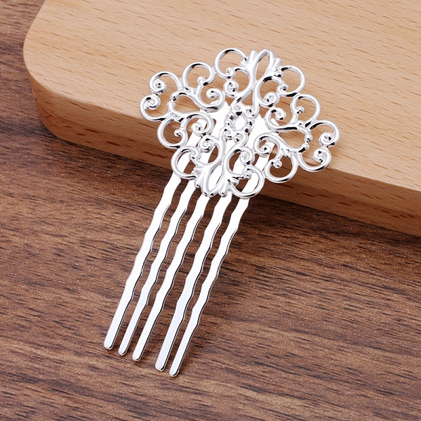 

PandaHall Brass Hair Combs Findings, Flower, Silver, 65x37x2mm Brass