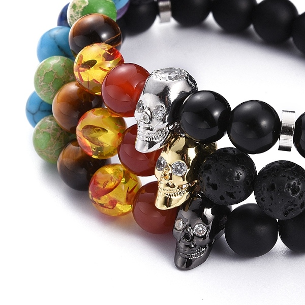 

PandaHall Chakra Jewelry, Gemstone Stretch Bracelets, with Skull Brass Micro Pave Cubic Zirconia Beads and Brass Spacer Beads, Inner...
