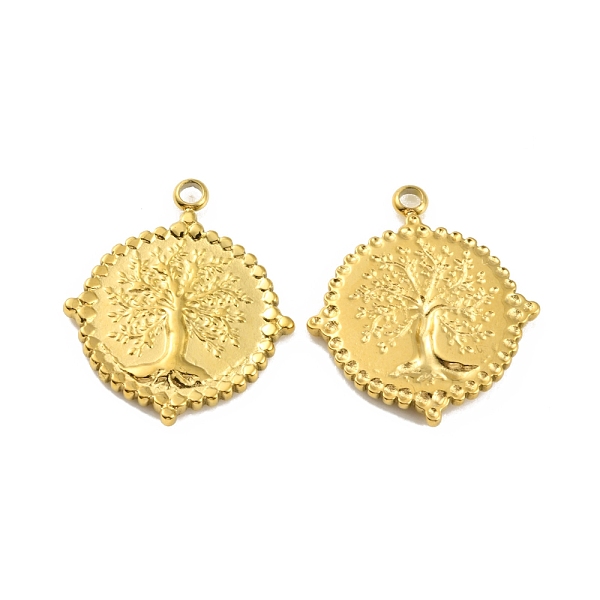 

PandaHall Ion Plating(IP) 304 Stainless Steel Pendants, Flat Round with Tree of Life Charm, Real 18K Gold Plated, 22x17.5x2mm, Hole: 1.8mm...
