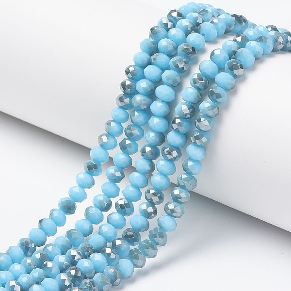 

PandaHall Electroplate Opaque Glass Beads Strands, Half Gray Plated, Faceted, Rondelle, Sky Blue, 8x6mm, Hole: 1mm, about 65~68pcs/strand...