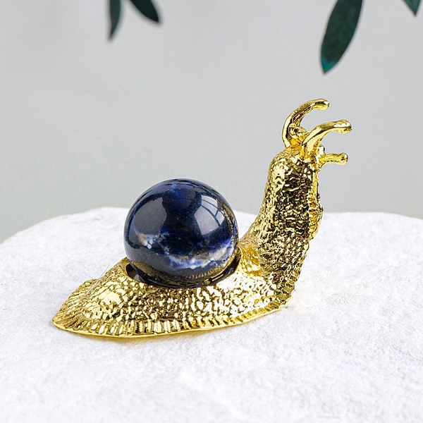 

PandaHall Natural Sodalite Display Decoration, Snail Golden Tone Metal Holder for Home Feng Shui Ornament, 45x30mm Sodalite Snail