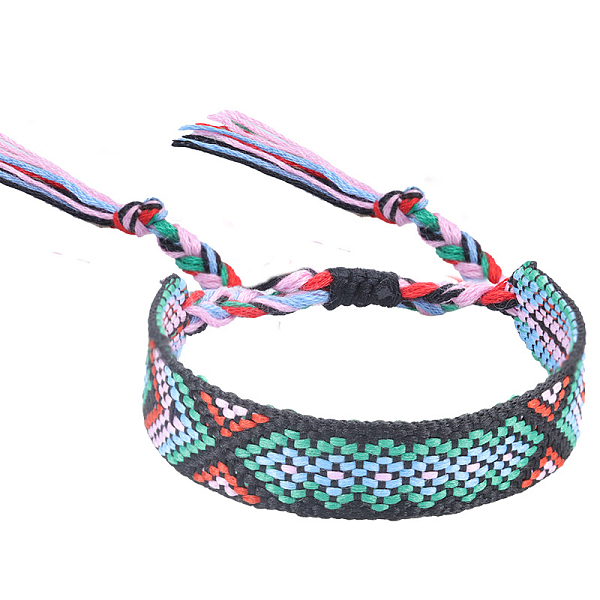 

PandaHall Polyester-cotton Braided Rhombus Pattern Cord Bracelet, Ethnic Tribal Adjustable Brazilian Bracelet for Women, Medium Aquamarine...