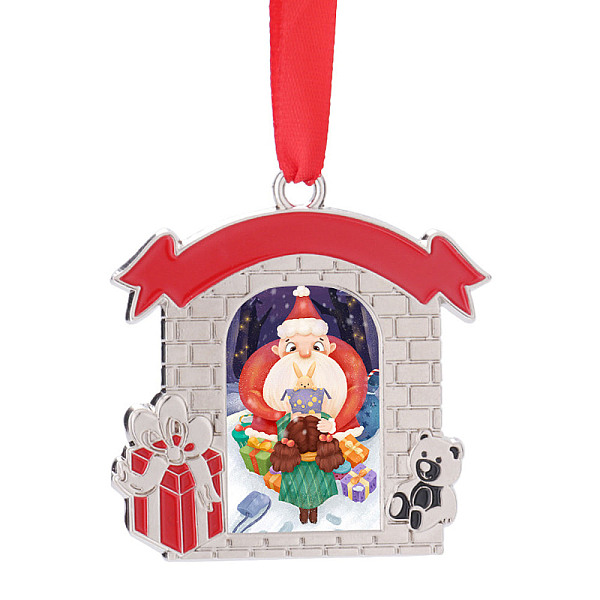 PandaHall Christmas Themed Sublimation Blank Alloy Pendant Decorations, Alloy Blank Photo Picture Pendant, with Polyester Ribbon, House...