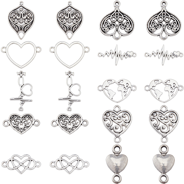 

PandaHall SUNNYCLUE 80Pcs 10 Styles Tibetan Style Alloy Connector Charms, Heart & Teardrop, Antique Silver, 12~30x8~37.5x1.5~3mm, Hole...