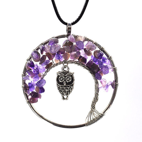 

PandaHall Natural Amethyst Chips Tree of Life Pendant Necklaces, Brass Owl Necklace with Wax Ropes, 19.69 inch(50cm) Amethyst Tree of Life