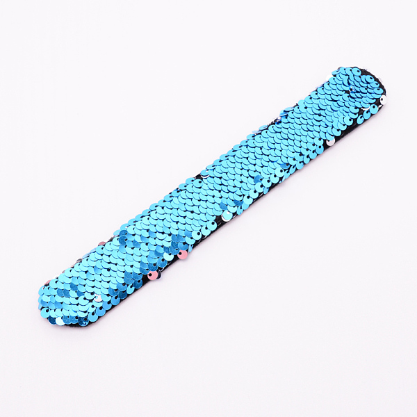 PandaHall Mermaid Slap Bracelets, Two-color Reversible Charm Sequins Flip Wristbands, Light Sky Blue, 214x28x5.5mm Plastic Blue