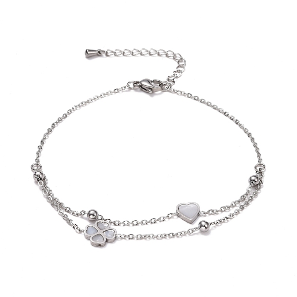 

PandaHall Clover & Heart Natural Shell Link Anklet for Women, 304 Stainelss Steel 2 Layered Lucky Anklet, Stainless Steel Color, 8.27 inch...