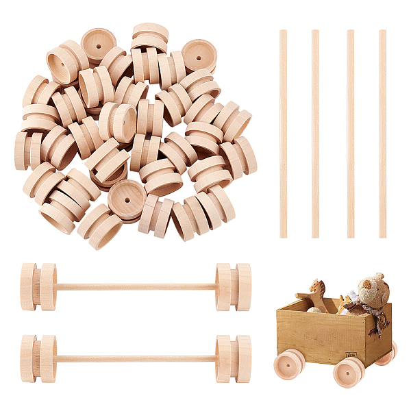 PandaHall OLYCRAFT 20 Sets 1.5x1 Inch Wooden Craft Wheels with 5.9 Inch/150mm Wooden Sticks Wood Vehicle Wheels Unfinshed Wooden Wheel Small...