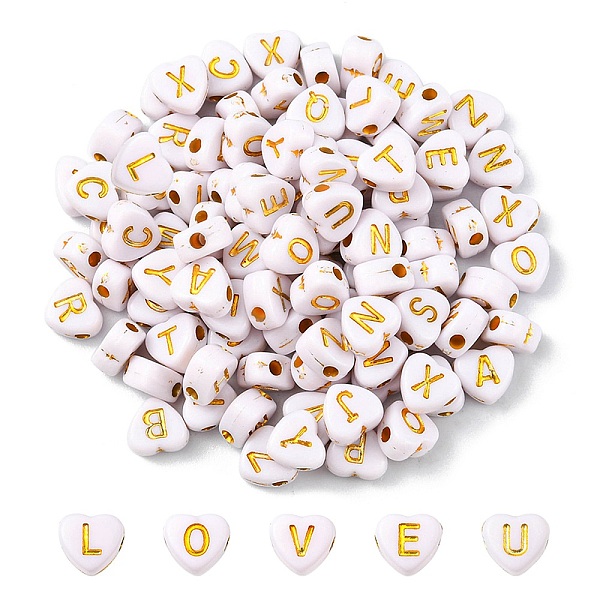 

PandaHall Opaque Acrylic Beads, Horizontal Hole, Metal Enlaced, Heart with Mixed Golden Letters, White, 7x3.5mm, Hole: 1.2mm Acrylic Heart...