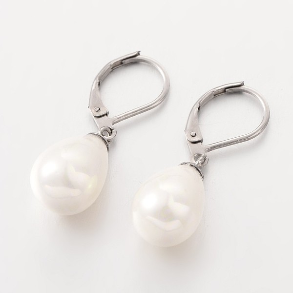 

PandaHall Teardrop Shell Pearl Leverback Dangle Earrings, with 304 Stainless Steel Leverback Hoop Earrings, Stainless Steel Color, White...