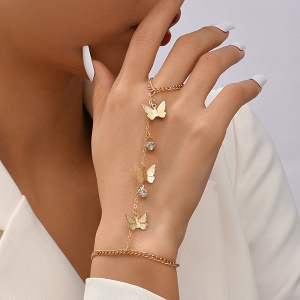 

PandaHall Rhinestone Butterfly Ring Bracelets, Iron Curb Chain Bracelet with Finger Ring, Golden, 7-1/4 inch(18.3cm), Inner Diameter: 30mm...