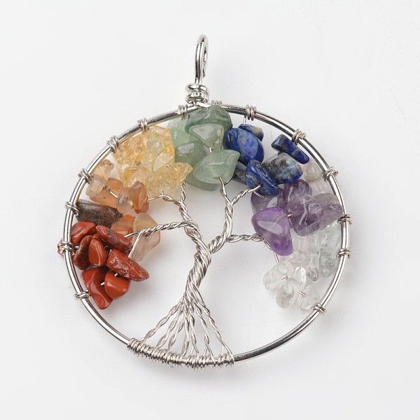 

PandaHall Tree of Life Mixed Stone Big Pendants, with Brass Findings, Platinum, 63~65x49~51x8~10mm, Hole: 8~10mm Mixed Stone Tree