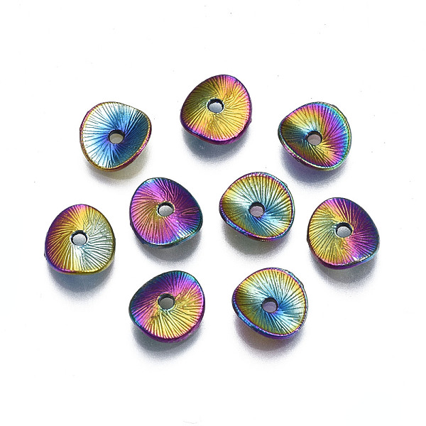

PandaHall Rack Plating Rainbow Color Alloy Beads, Cadmium Free & Nickel Free & Lead Free, Textured, Curved Flat Round, 9x8x3mm, Hole: 1.4mm...