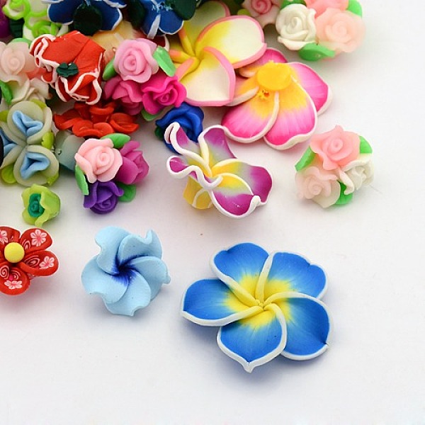 PandaHall Mixed Color Handmade Polymer Clay Beads, Flower Beads for Mother's Day Jewelry Making, 12~40x8~15mm, Hole: 1~2mm Polym