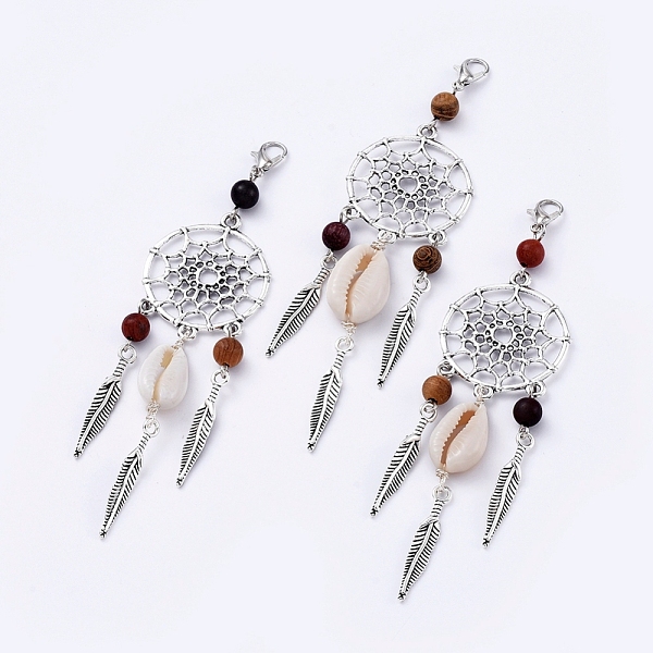 

PandaHall Alloy Big Pendants, with Cowrie Shell Beads, Wood Beads and Zinc Alloy Lobster Claw Clasps, Woven Net/Web with Feather, Antique...