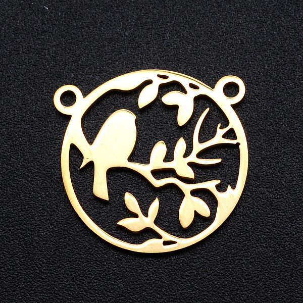 

PandaHall 201 Stainless Steel Pendants, Filigree Joiners Findings, Laser Cut, Round Ring with Branch with Bird, Golden, 17.5x18x1mm, Hole...