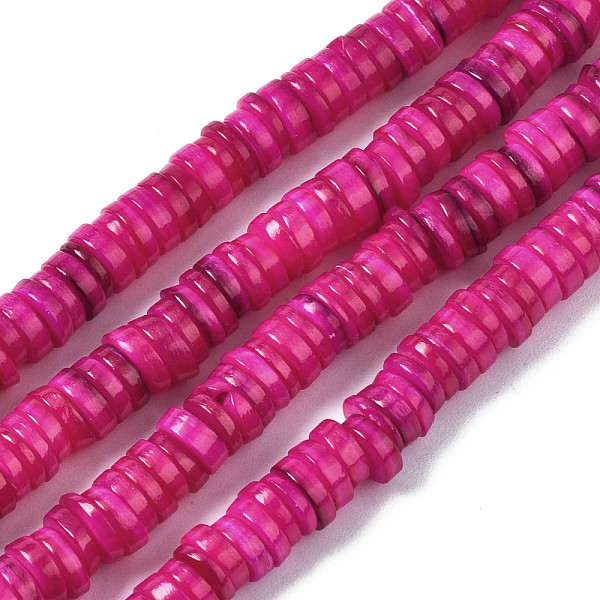 

PandaHall Natural Freshwater Shell Beads Strands, Dyed, Flat Round/Disc, Heishi Beads, Fuchsia, 5~6x1~2mm, Hole: 1mm, about..., Pink