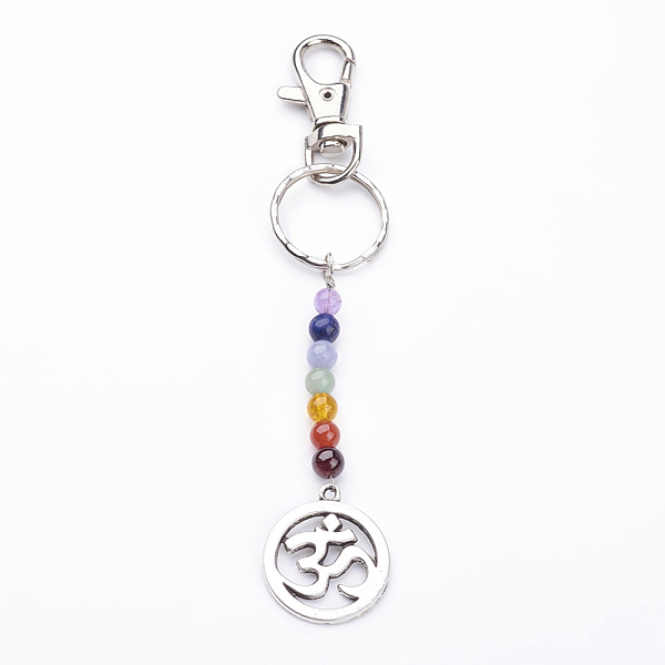 

PandaHall Tibetan Style Alloy Keychain, with Natural Gemstone Beads, Iron Key Rings and Alloy Swivel Lobster Claw Clasps, Flat Round with Om..., Multicolor