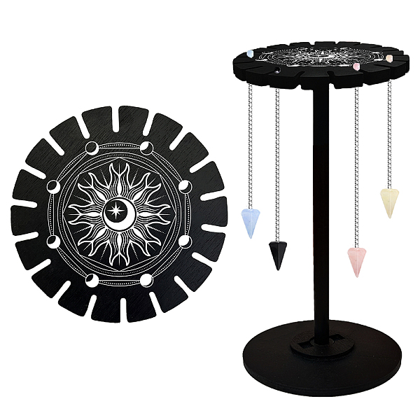 PandaHall Wooden Wheel, Wooden Display Shelf, Black Holder Stand, Rustic Divination Pendulum Storage Rack, Witch Stuff, Sun, Wheel: 120x8mm...