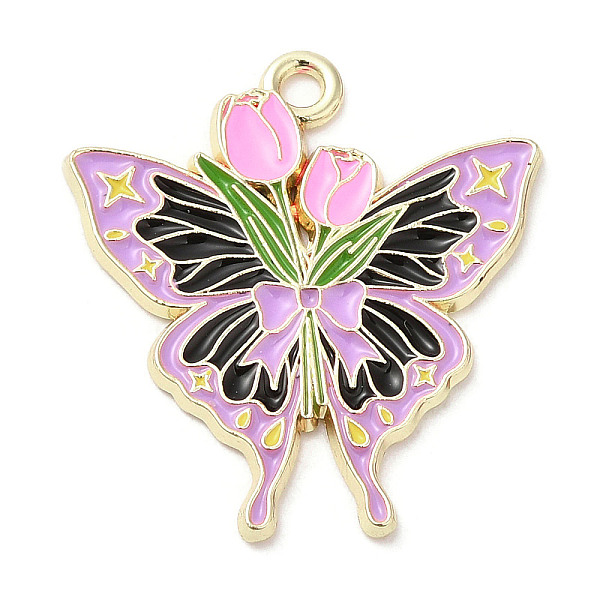 

PandaHall Light Gold Plated Alloy Enamel Pendants, Butterfly with Rose Charm, Lilac, 25x23x1.5mm, Hole: 1.8mm Alloy+Enamel Butterfly Purple