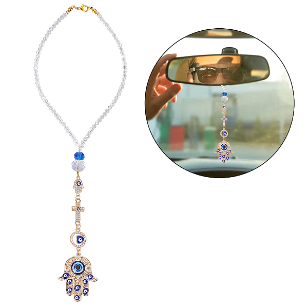 

PandaHall Hamsa Hand/Hand of Miriam with Evil Eye Pendant Decoration, with Glass Beaded Chain and Alloy Lobster Clasps, for Car Hanging...