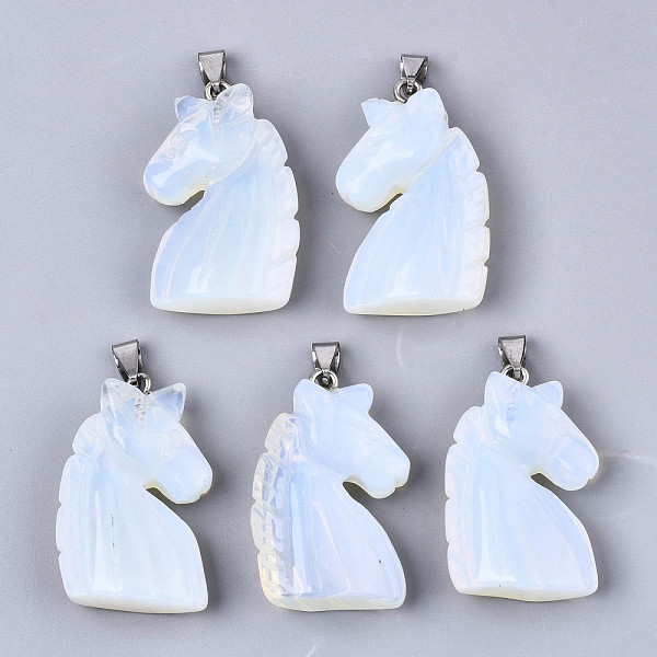 PandaHall Carved Opalite Pendants, with Stainless Steel Bails, Unicorn, Stainless Steel Color, 38~41x11~14x24~25mm, Hole: 9x4mm Opalite...