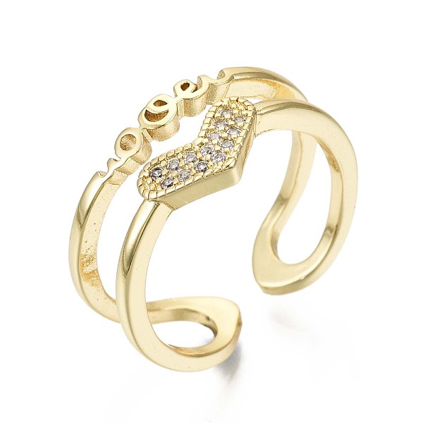 

PandaHall Brass Micro Pave Clear Cubic Zirconia Cuff Rings, Open Rings, for Valentine's Day, Nickel Free, Heart with Word Love, Real 16K...