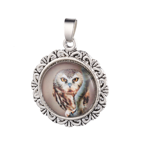 

PandaHall Tibetan Style Alloy Pendants, with Glass Cabochons, Flat Round with Owl, Antique Silver, Light Grey, 32.5x28.5x6mm, Hole: 4x6mm..., Gray