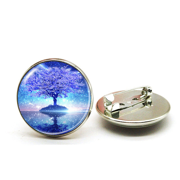 

PandaHall Alloy Pin, Glass Flat Round with Tree of Life Brooch, Platinum, 25mm Alloy