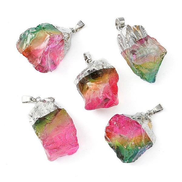 PandaHall Natural Quartz Crystal Pendants, with Brass Findings, Dyed, Nuggets, Silver Color Plated, 35~55x20~40x10~30mm, Hole: 7x4mm Quartz...