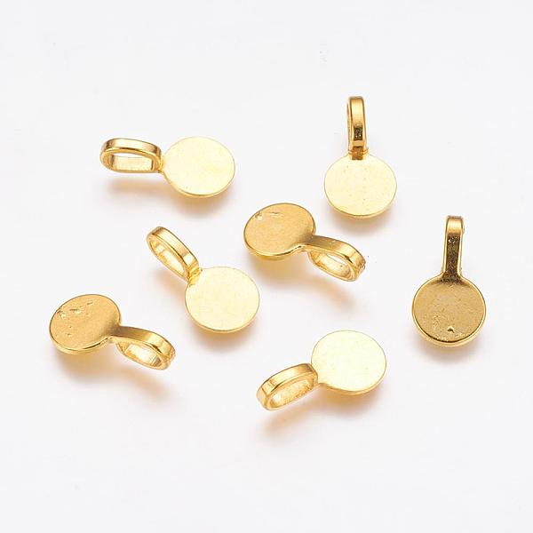 

PandaHall Tibetan Style Alloy Glue On Flat Pad Pendant Bails, Flat Round, Cadmium Free & Nickel Free & Lead Free, Golden, 18x10x5.5mm, Hole...