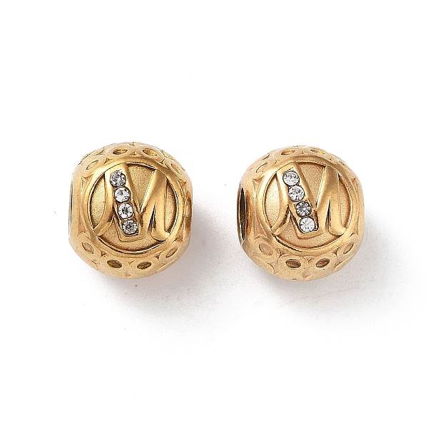 

PandaHall 304 Stainless Steel Rhinestone European Beads, Round Large Hole Beads, Real 18K Gold Plated, Round with Letter, Letter M, 11x10mm..., Clear