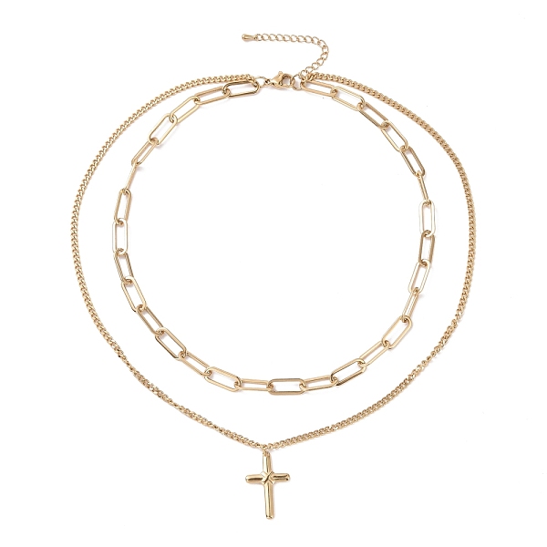 Vakuumplattierung 304 Mehrlagige Halskette Aus Edelstahl Mit Doppelketten Und Kreuzanhängern Für Frauen