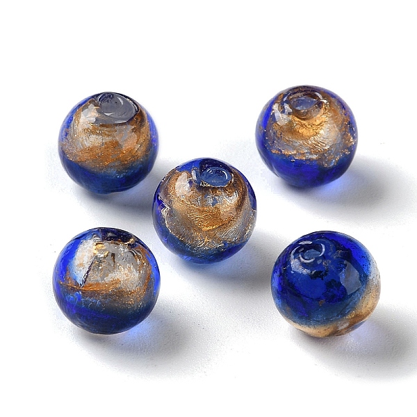 

PandaHall Handmade Gold Sand with Silver Foil Lampwork Beads Strand, Round, Medium Blue, 11.5~12mm, Hole: 1.8mm, about 45pcs/strand, 17.72''...