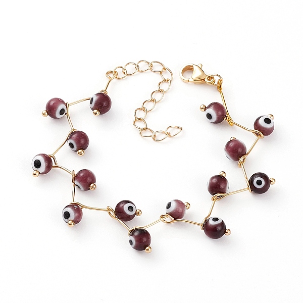 

PandaHall Handmade Evil Eye Lampwork Beaded Bracelets, with 304 Stainless Steel Ball Head Pins and Lobster Claw Clasps, Round, Golden..., Purple