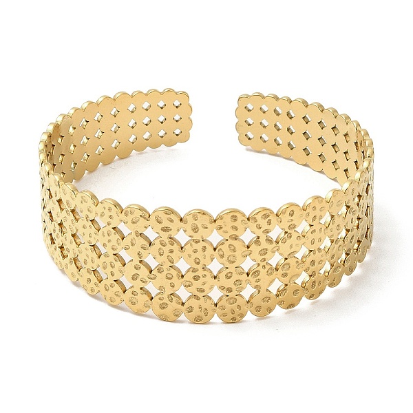 

PandaHall 304 Stainless Steel Cuff Bangles, Hammered Flat Round Open Bangles for Women, Real 18K Gold Plated, Inner Diameter: 2-1/8x2 inch...
