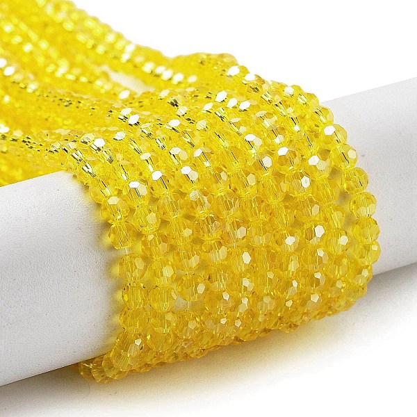 

PandaHall Electroplate Transparent Glass Beads Strands, Faceted(32 Facets), Round, Pearl Luster Plated, Yellow, 3mm, Hole: 0.8mm, about...