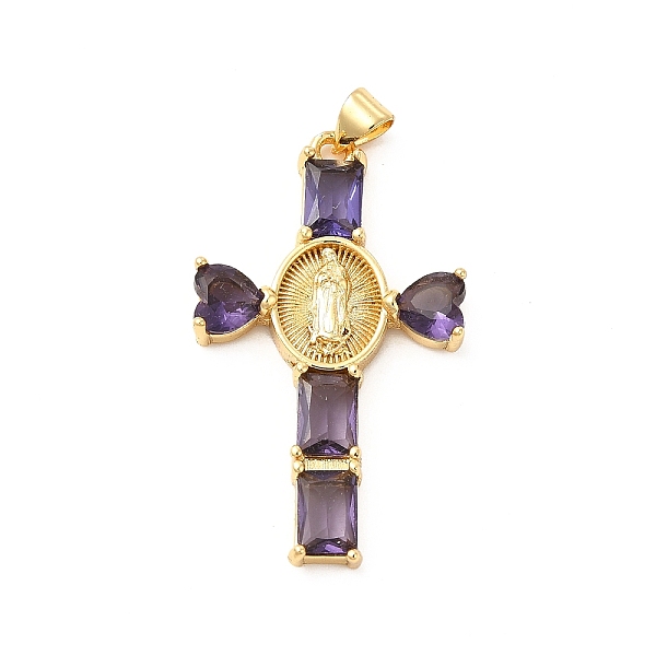 

PandaHall Rack Plating Brass Pendants, with Glass Cubic Zirconia, Religion Heart Cross with Virgin Mary Charm, Cadmium Free & Lead Free..., Purple