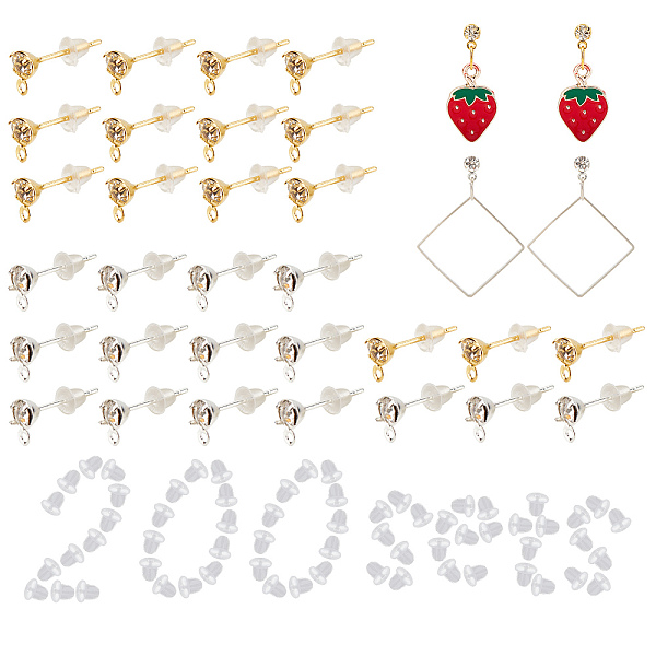 

PandaHall SUNNYCLUE Brass Post Earring Findings, with Loop and Rhinestone, Plastic Ear Nuts, Golden & Silver, 300pcs/box Brass+Rhinestone..., White