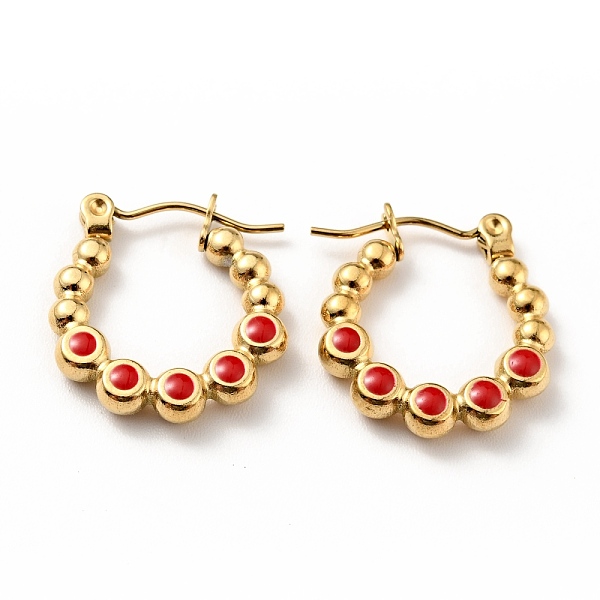 

PandaHall Ion Plating(IP) 304 Stainless Steel Round Beads Wrap Hoop Earrings with Enamel for Women, Golden, Red, 18x17x3mm, Pin: 0.8mm 304...