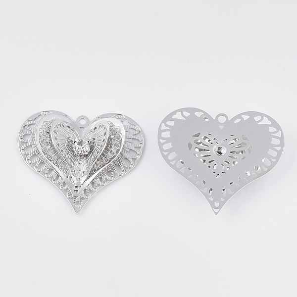 

PandaHall Brass Pendants, with Crystal Rhinestone, Heart, Platinum, 40.5x43x8mm, Hole: 2.5mm Brass+Rhinestone Heart