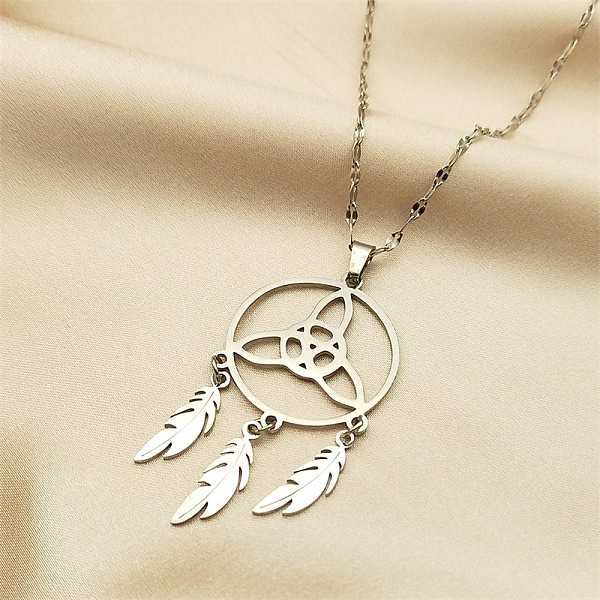 

PandaHall Triquetra/Trinity Knot with Woven Net/Web with Feather Pendant Necklaces, 304 Stainless Steel Dapped Chain Necklaces , Stainless...