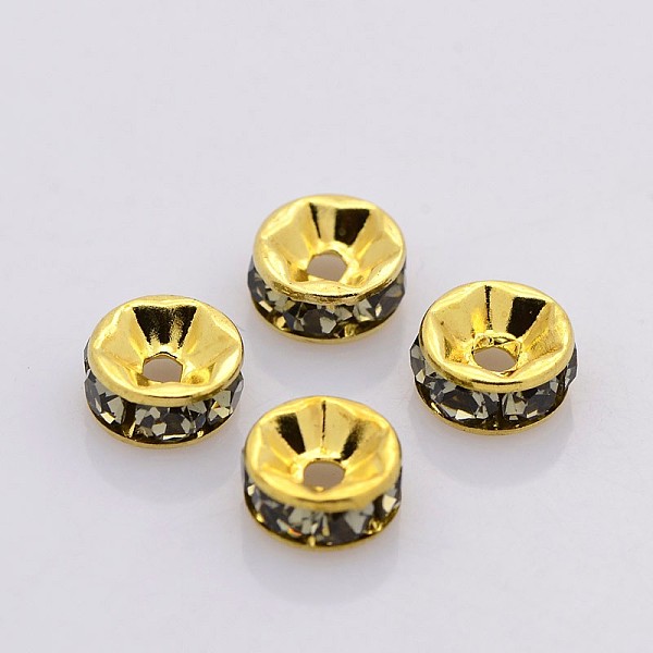 

PandaHall Brass Rhinestone Spacer Beads, Grade A, Straight Flange, Golden Metal Color, Rondelle, Black Diamond, 6x3mm, Hole: 1mm..., Gray
