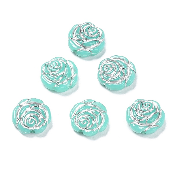 PandaHall Opaque Acrylic Beads, Metal Enlaced, Rose, Aquamarine, 13.5x14x4.5~5mm, Hole: 1.6mm, about 950pcs/500g Acrylic Flower Green