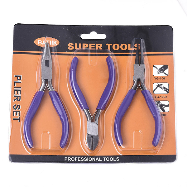 45# Steel Jewelry Plier Sets, Including Wire Round Nose Plier, Cutter Plier and Side Cutting Plier, DarkSlate Blue, 11.7x8x0.9cm, 11.7x7.5x1cm, 10.7x7x0.85cm, 3pcs/set