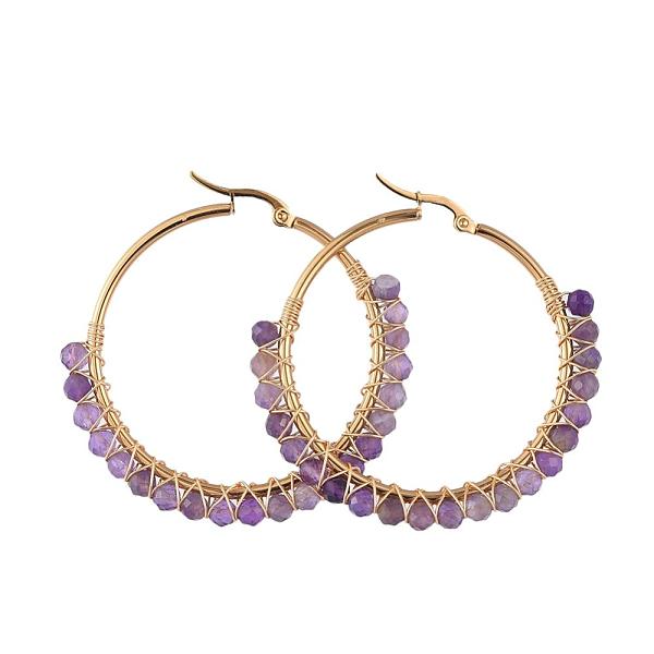 

PandaHall Beaded Hoop Earrings, with Natural Amethyst Beads, Golden Plated 304 Stainless Steel Hoop Earrings, 50mm, Pin: 0.6x1mm Amethyst...